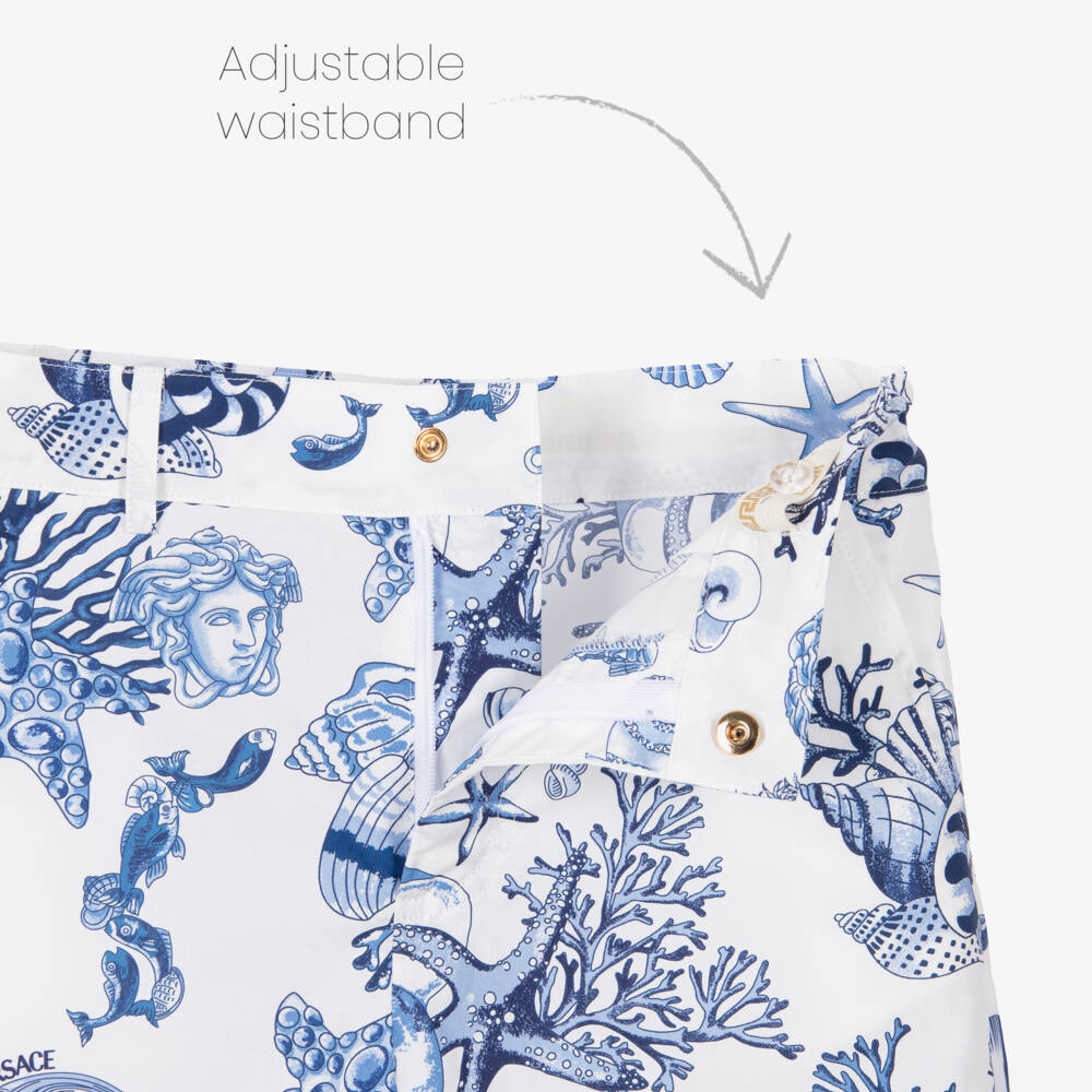 Versace-Шорты бело-синие из хлопка Coral Theatre для мальчиков | Childrensalon