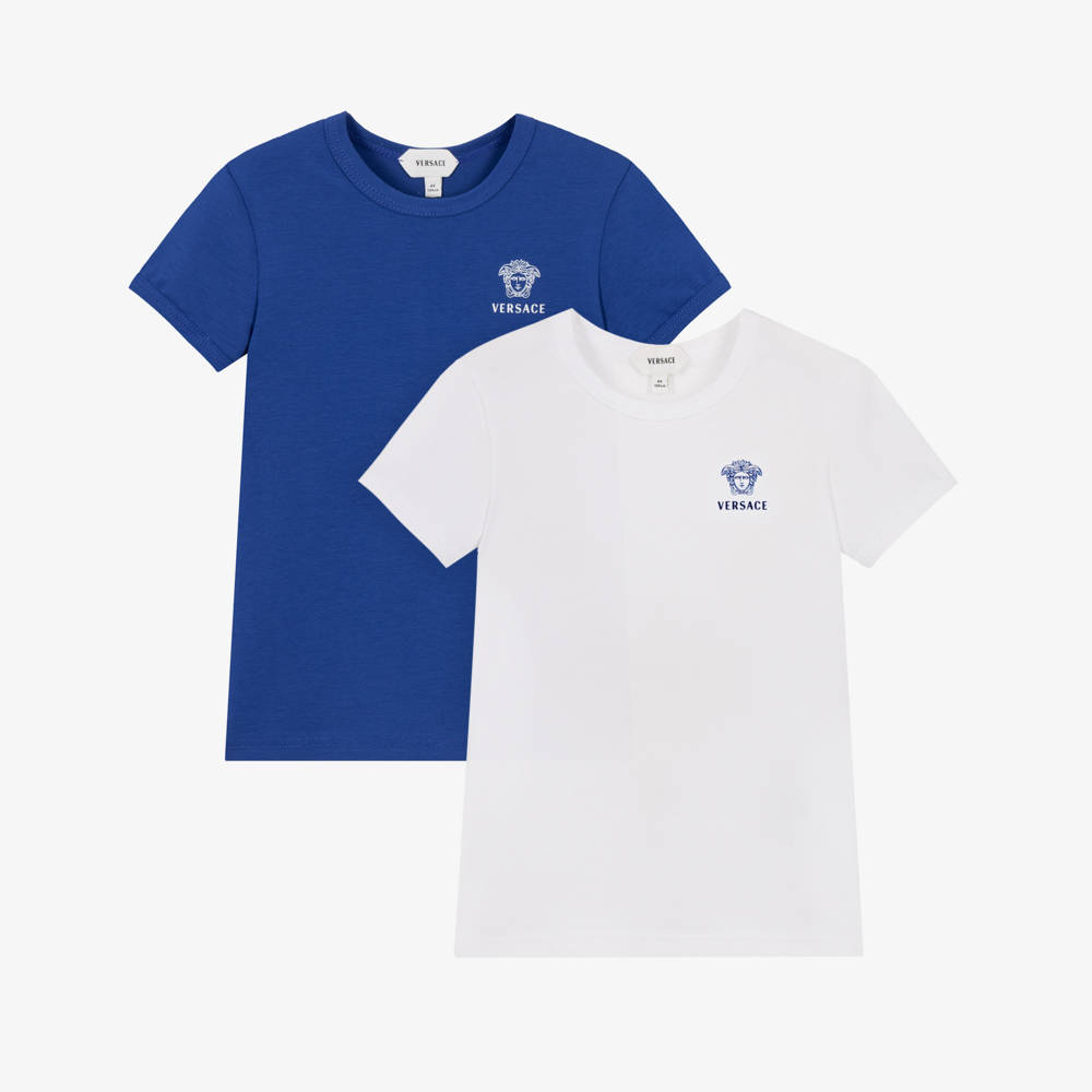Versace-Boys Blue & White Cotton T-Shirts (2 Pack) | Childrensalon