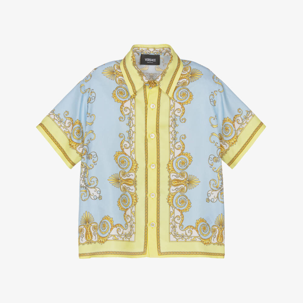 Versace-Рубашка из шелка с жёлто-голубым принтом Barocco для мальчиков | Childrensalon