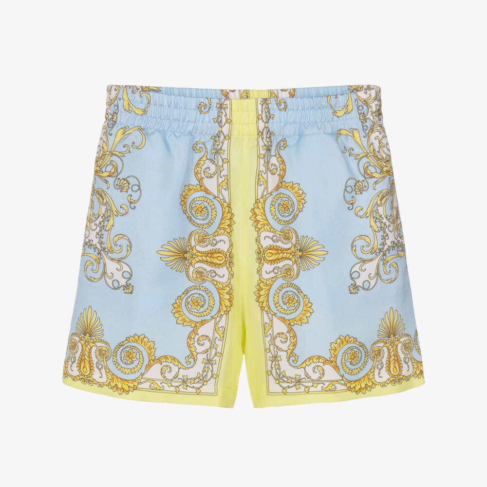 Versace-Boys Blue & Yellow Barocco Print Silk Shorts | Childrensalon