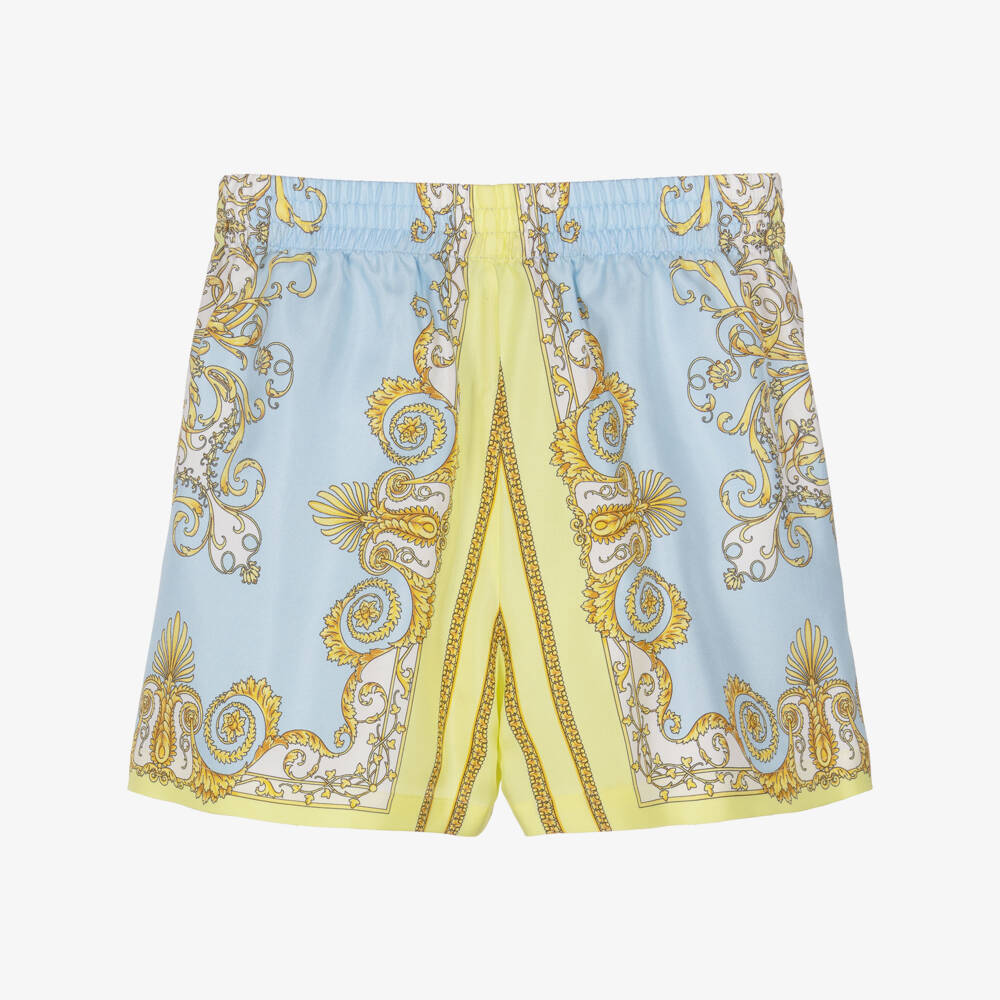 Versace-شورت حرير بطبعة باروكو لون أزرق وأصفر للأولاد | Childrensalon