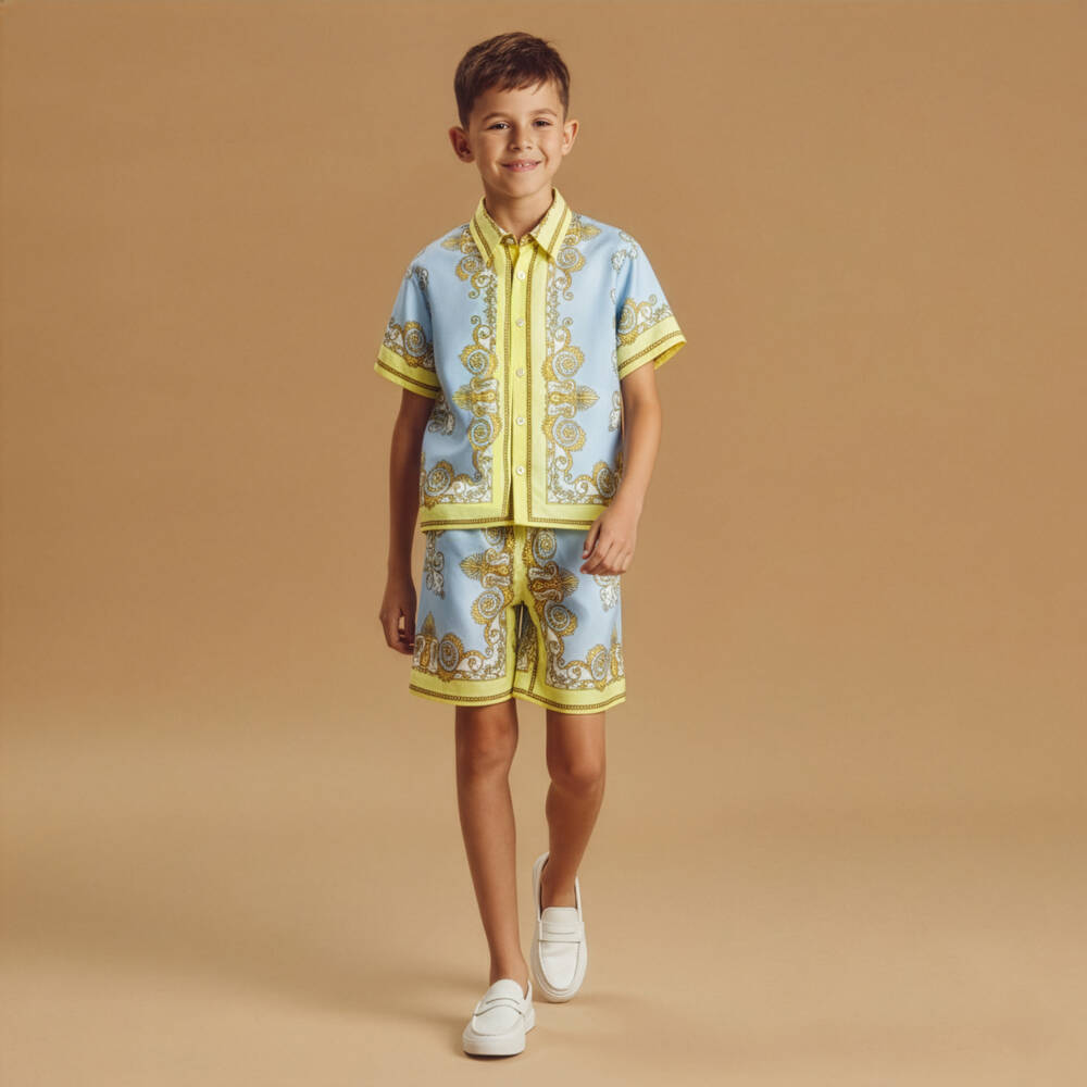 Versace-Boys Blue & Yellow Barocco Print Silk Shorts | Childrensalon