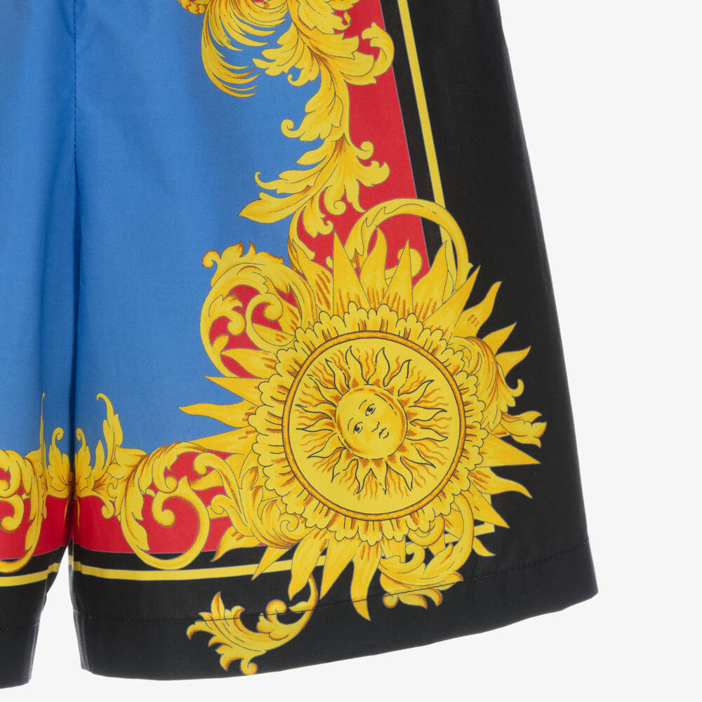 Versace-Boys Blue & Yellow Poplin Shorts with Sun Graphics | Childrensalon