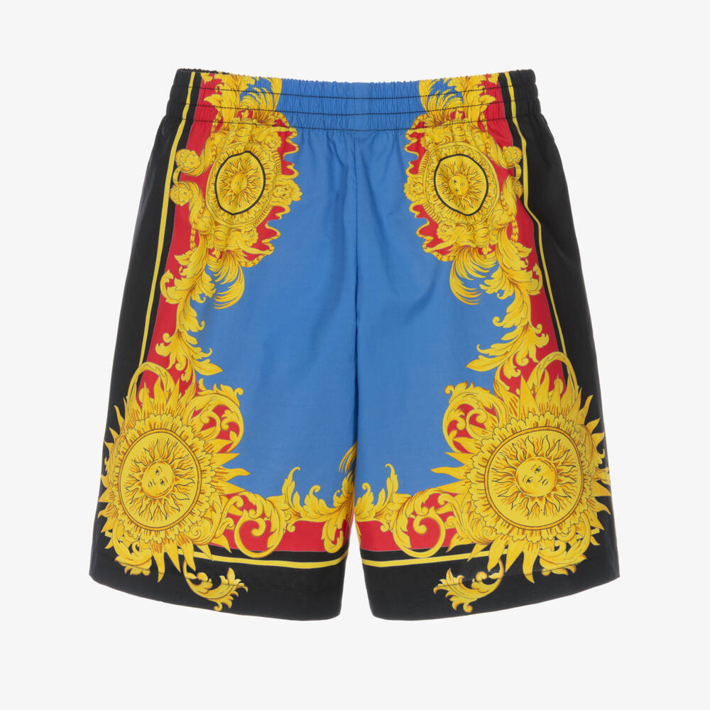 Versace-Boys Blue & Yellow Poplin Shorts with Sun Graphics | Childrensalon