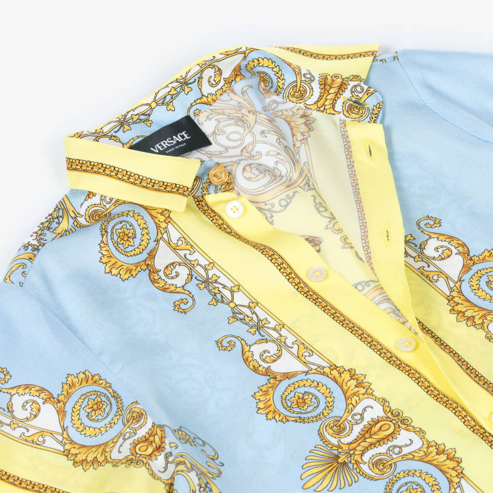 Versace-Boys Blue & Yellow Silk Shirt with Barocco Print | Childrensalon