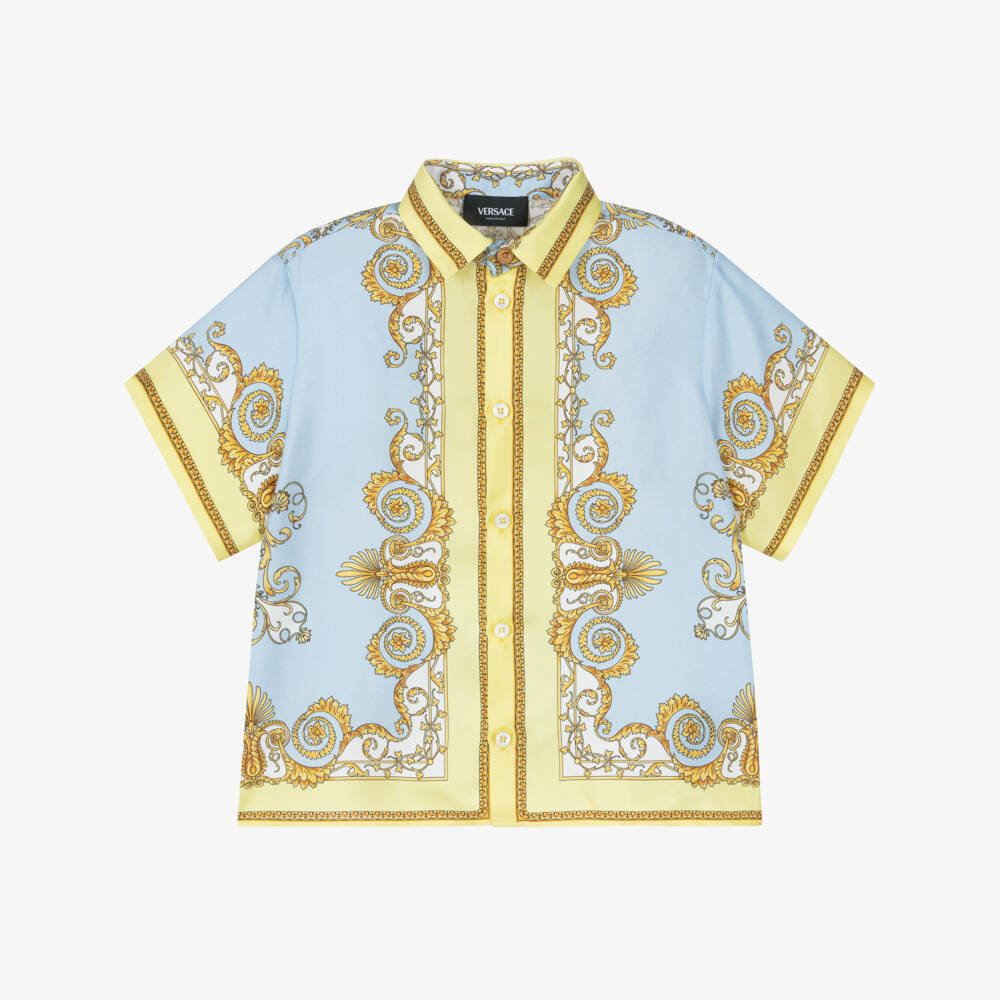 Versace-Boys Blue & Yellow Silk Shirt with Barocco Print | Childrensalon