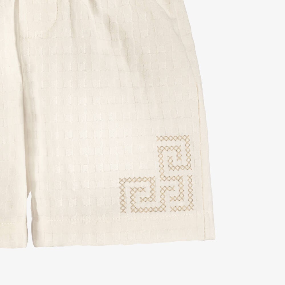 Versace-Boys Cream Textured Cotton Shorts with Greca Embroidery | Childrensalon