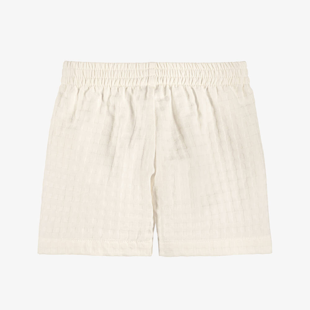 Versace-Boys Cream Textured Cotton Shorts with Greca Embroidery | Childrensalon