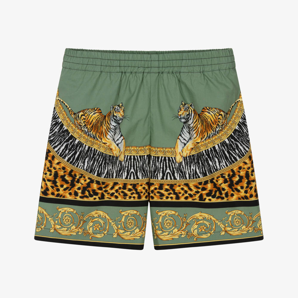 Versace-Шорты зеленые из хлопка с животным принтом и золотистой отделкой для мальчиков | Childrensalon