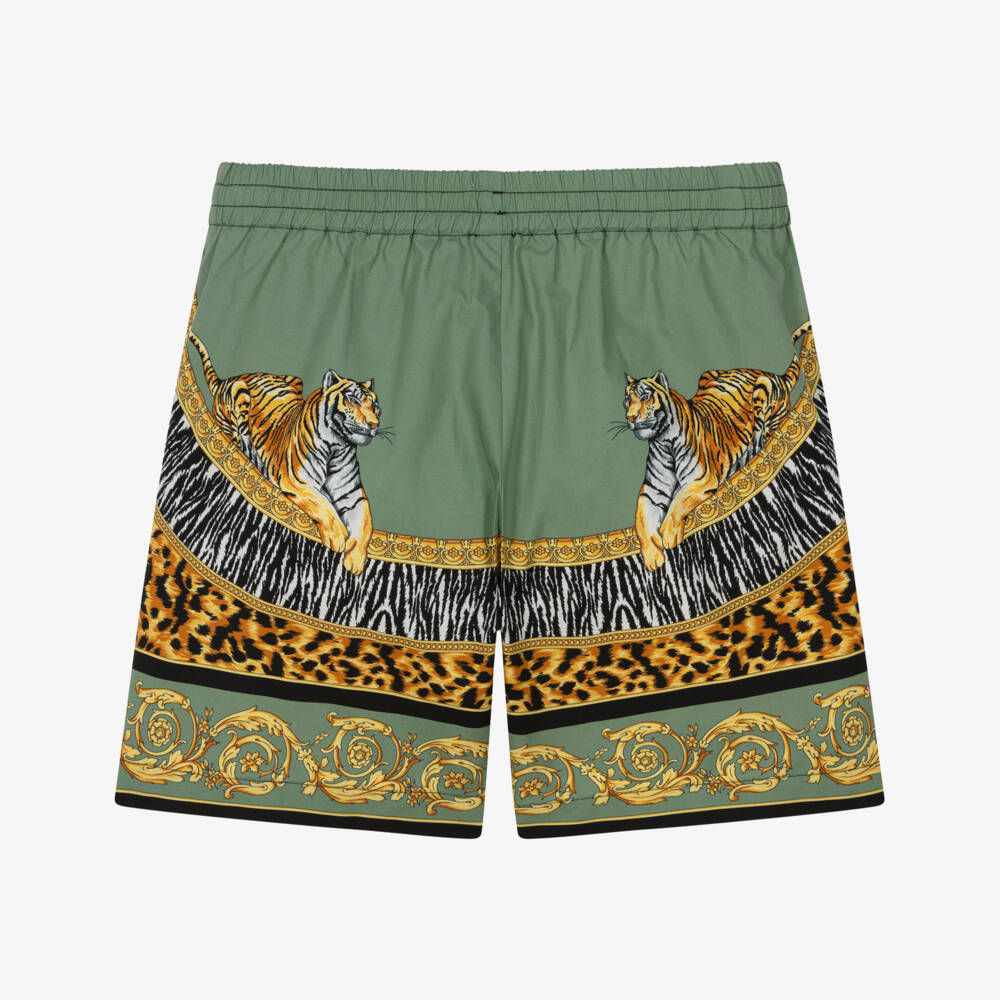 Versace-Шорты зеленые из хлопка с животным принтом и золотистой отделкой для мальчиков | Childrensalon