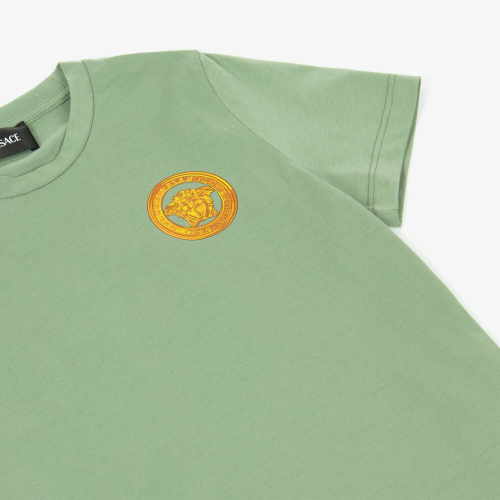 Versace-Boys Green Cotton T-Shirt with Gold Medusa Logo Print | Childrensalon