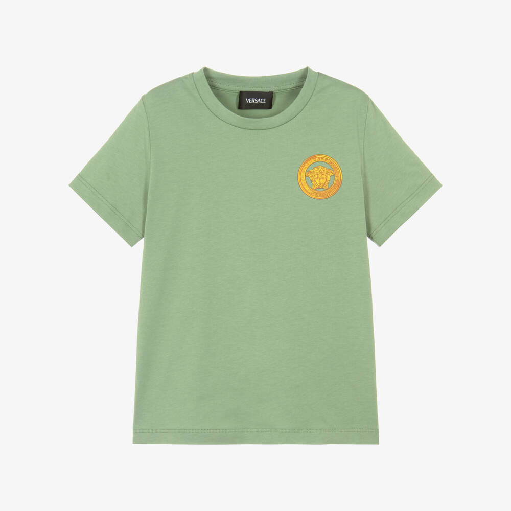 Versace-Boys Green Cotton T-Shirt with Gold Medusa Logo Print | Childrensalon