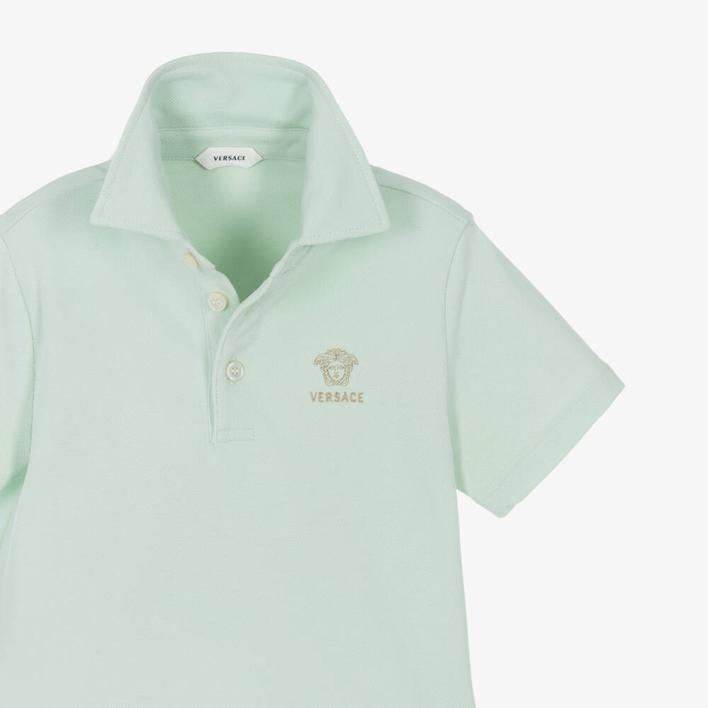 Versace-Boys Green Embroidered Cotton Piqué Polo Shirt | Childrensalon