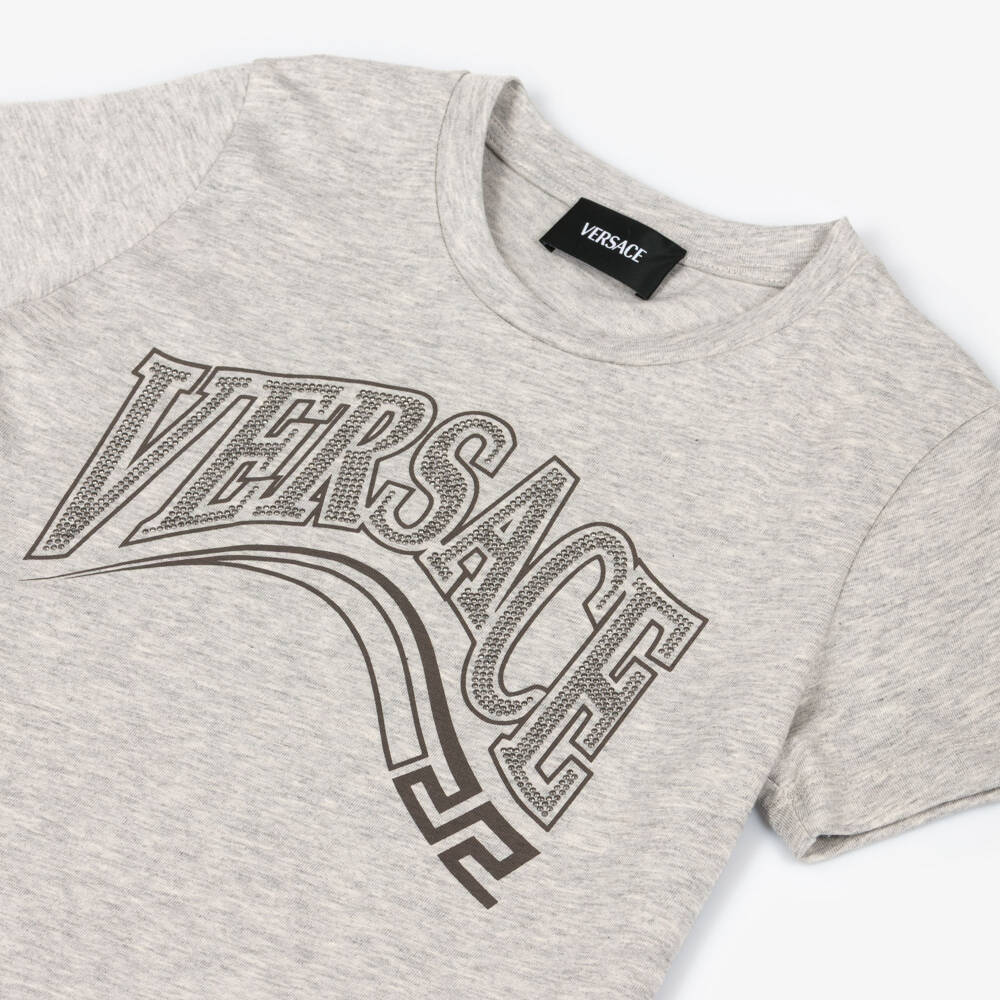 Versace-Boys Grey Cotton T-Shirt with Versace Wave Logo  | Childrensalon