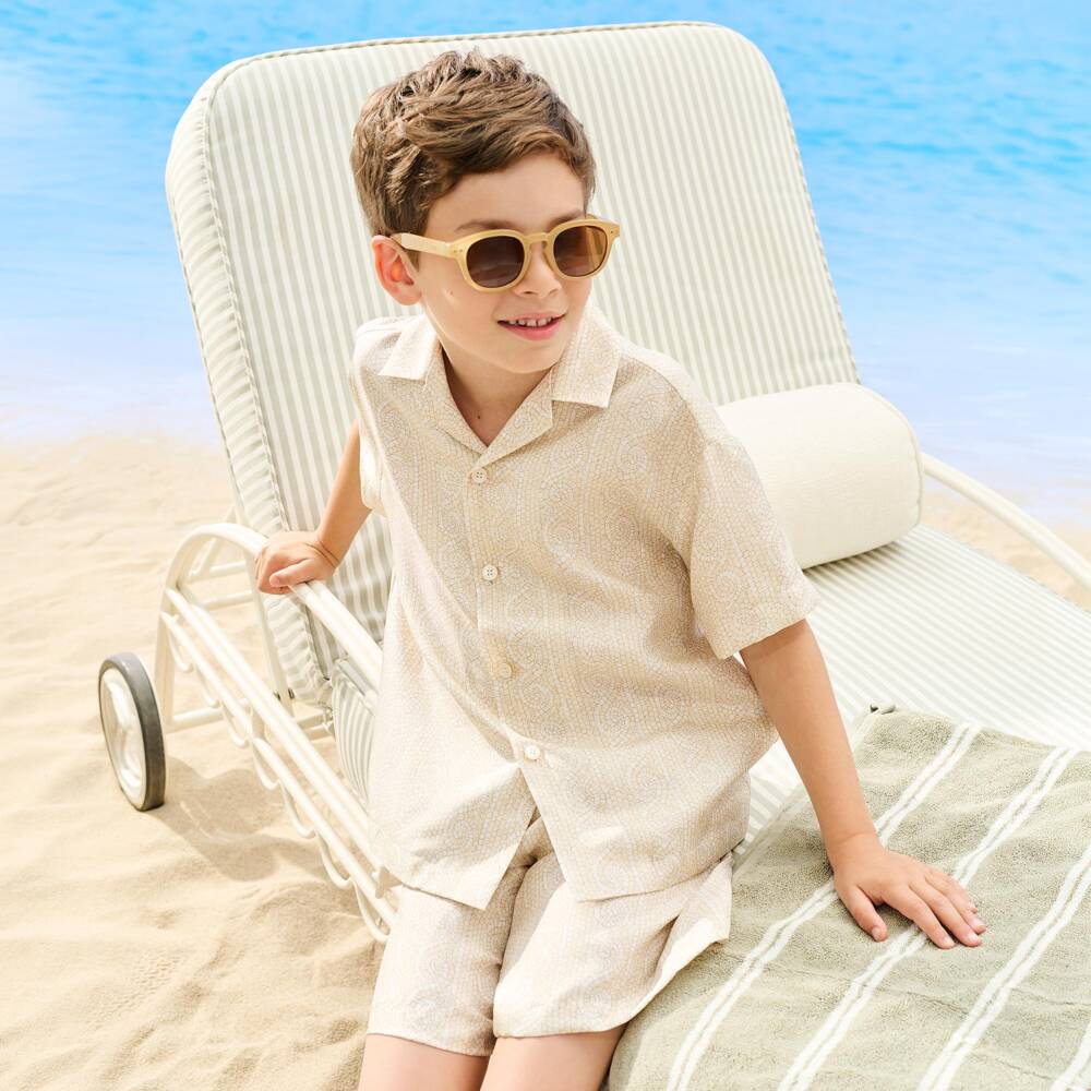 Versace-Boys Ivory & Beige Greca Mosaic Silk Shirt | Childrensalon