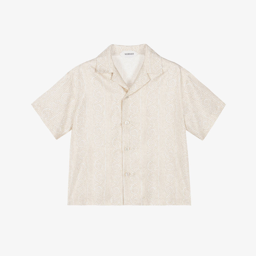 Versace-Boys Ivory & Beige Greca Mosaic Silk Shirt | Childrensalon