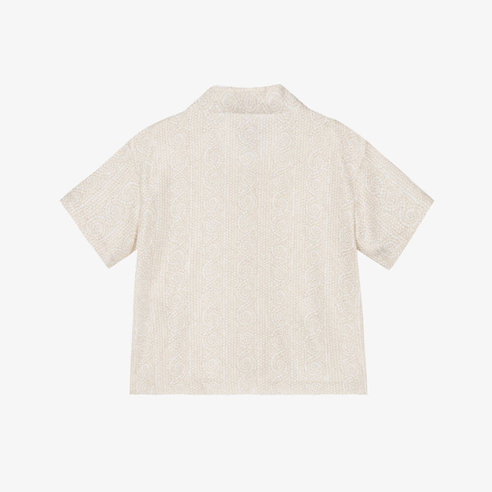 Versace-Boys Ivory & Beige Greca Mosaic Silk Shirt | Childrensalon
