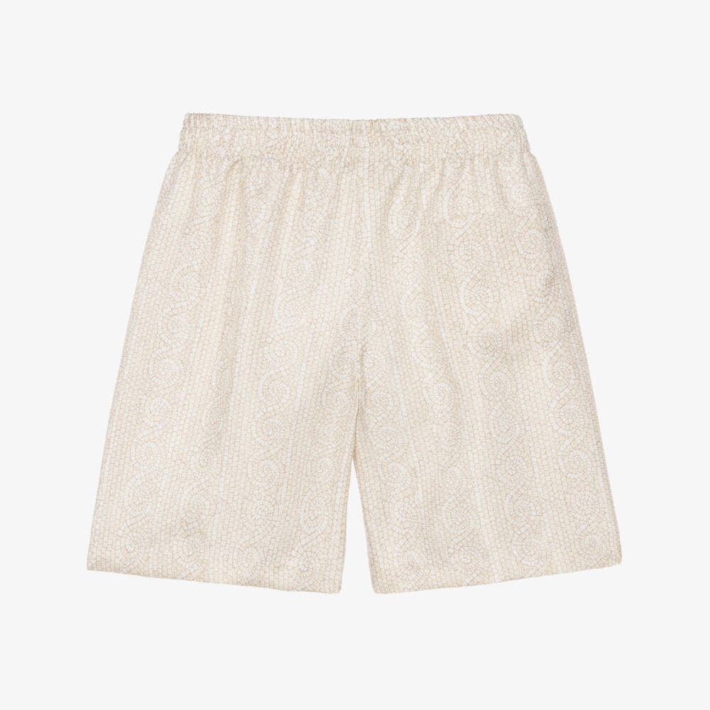 Versace-Boys Ivory & Beige Silk Greca Mosaic Silk Shorts | Childrensalon