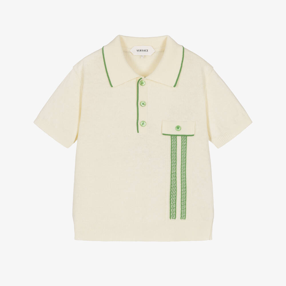 Versace-Boys Ivory Cotton & Linen Knit Polo Top | Childrensalon