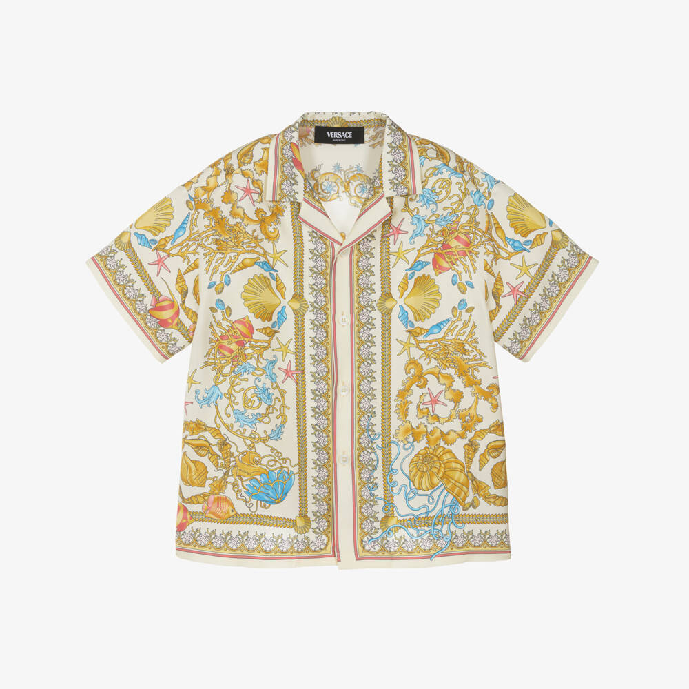 Versace-Boys Ivory & Gold Underwater Barocco Print Silk Shirt | Childrensalon