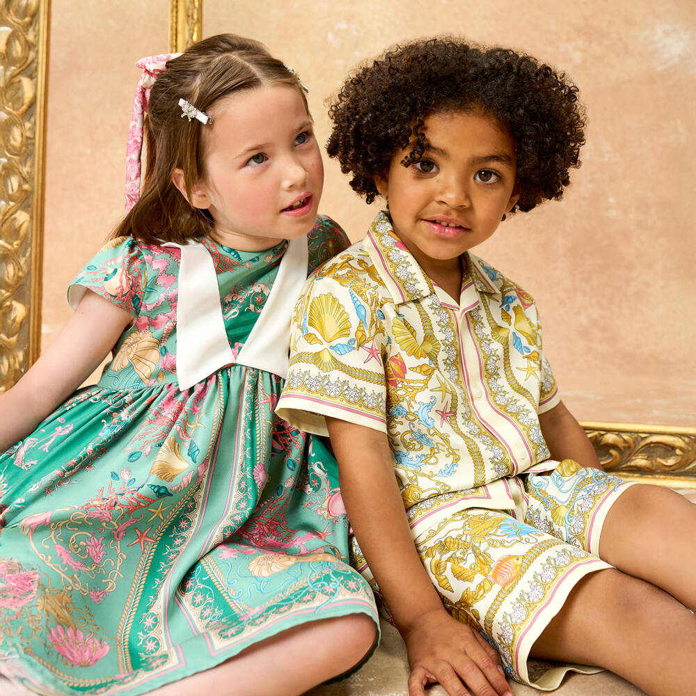 Versace-Boys Ivory & Gold Underwater Barocco Silk Shorts | Childrensalon