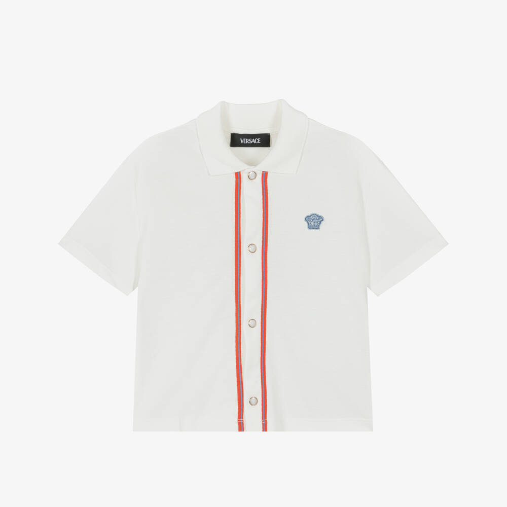 Versace-Boys Ivory Piqué Medusa Logo Shirt | Childrensalon
