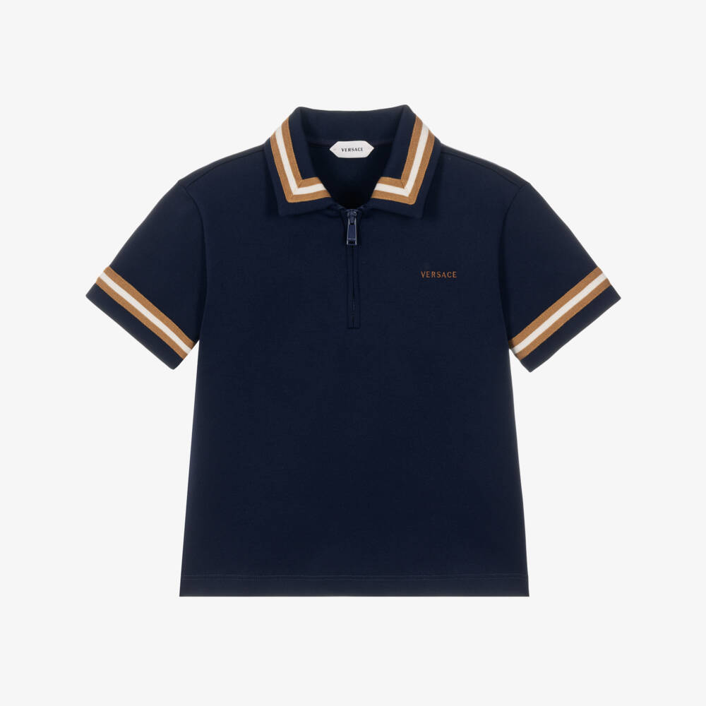 Versace-Boys Navy Blue Piqué Jersey Polo Shirt | Childrensalon