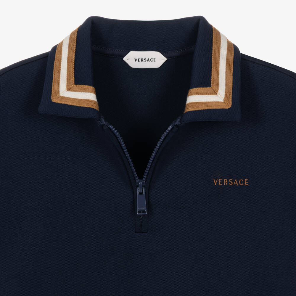 Versace-Boys Navy Blue Piqué Jersey Polo Shirt | Childrensalon