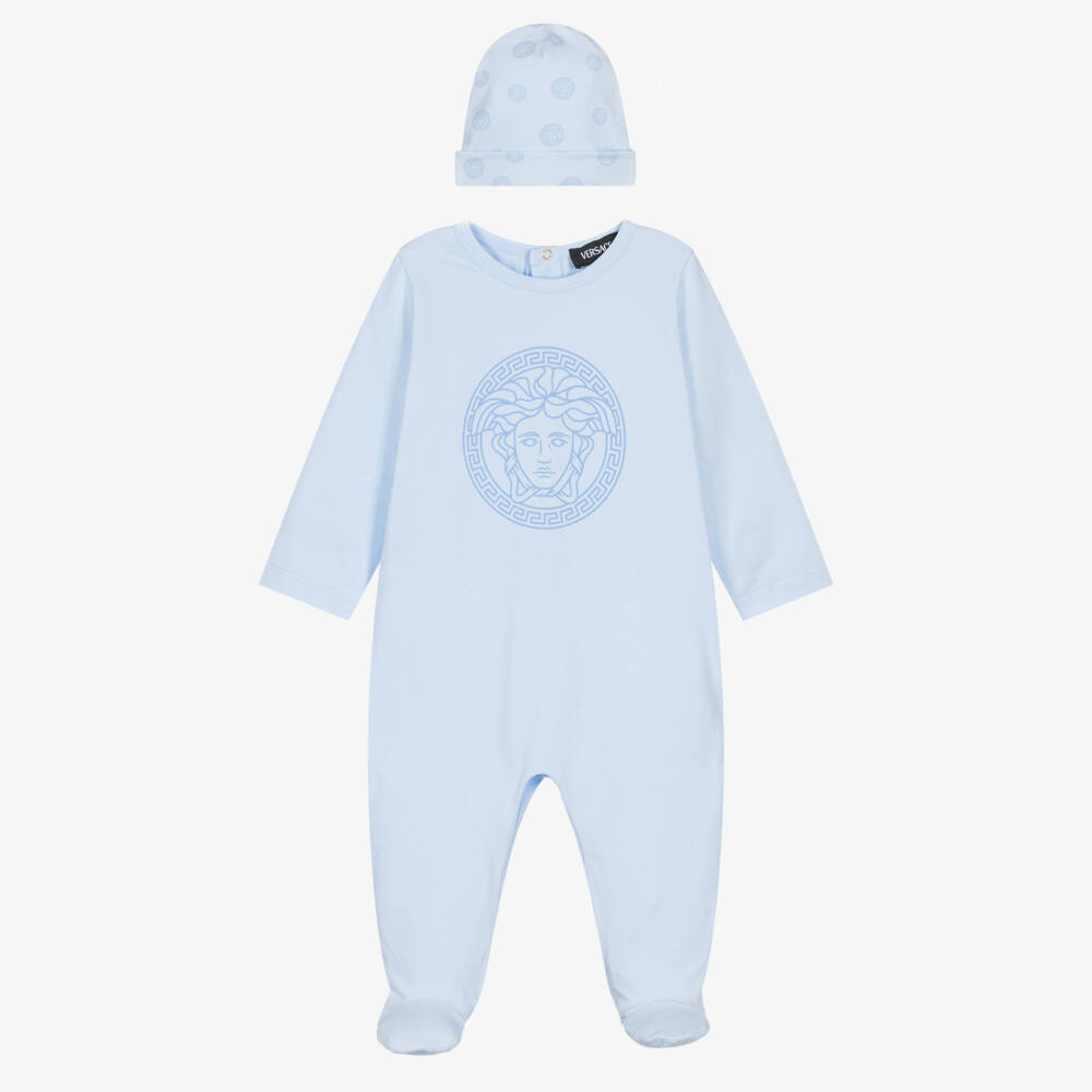 Versace-Boys Pale Blue Babysuit Gift Set with Medusa Logo | Childrensalon