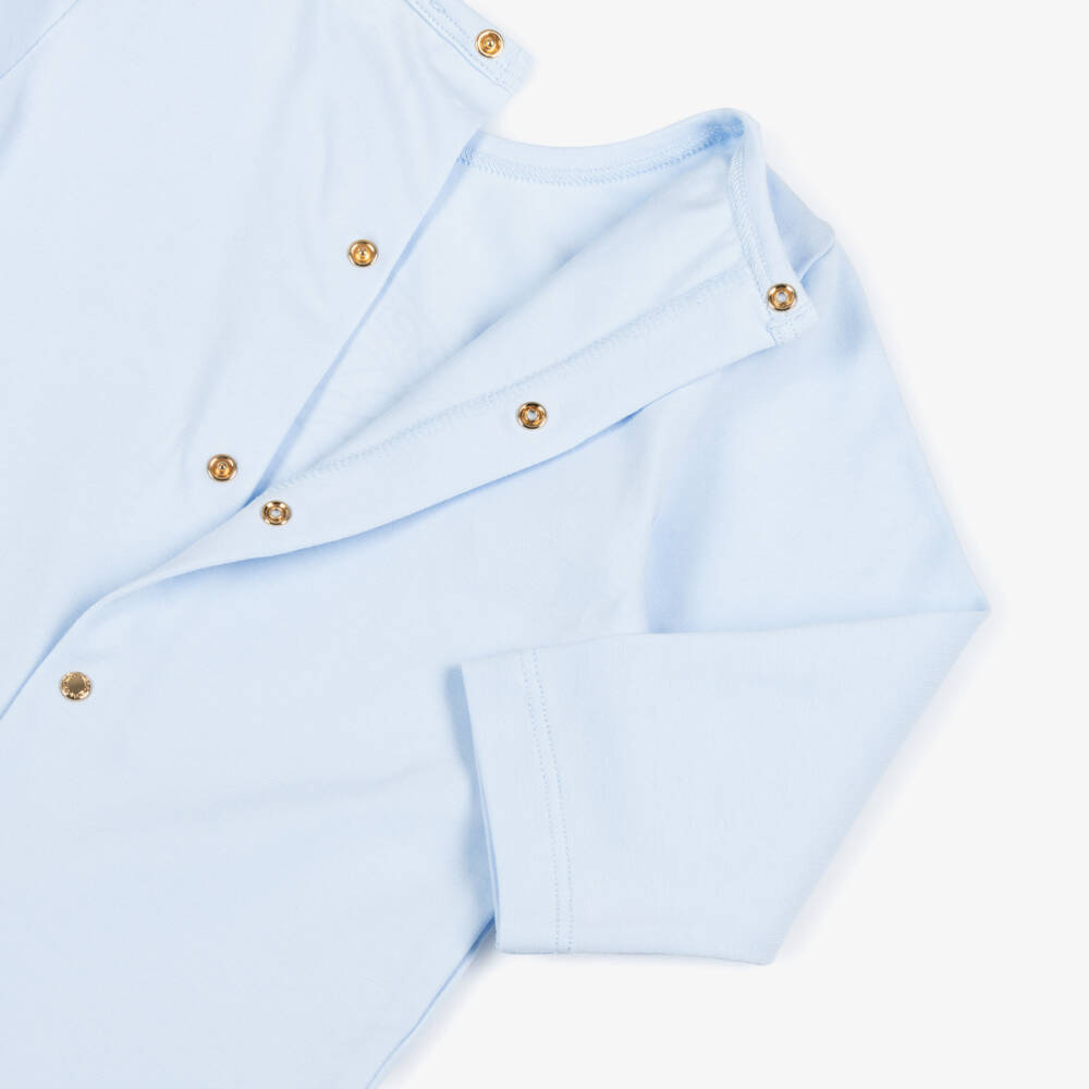 Versace-Boys Pale Blue Cotton Babysuit Set with Medusa Logo | Childrensalon