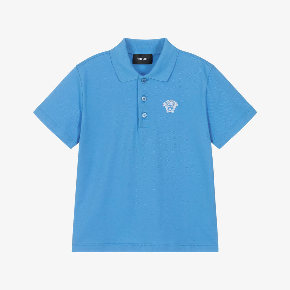 Versace-Boys Pale Blue Cotton Polo Shirt with Embroidered Medusa Logo | Childrensalon