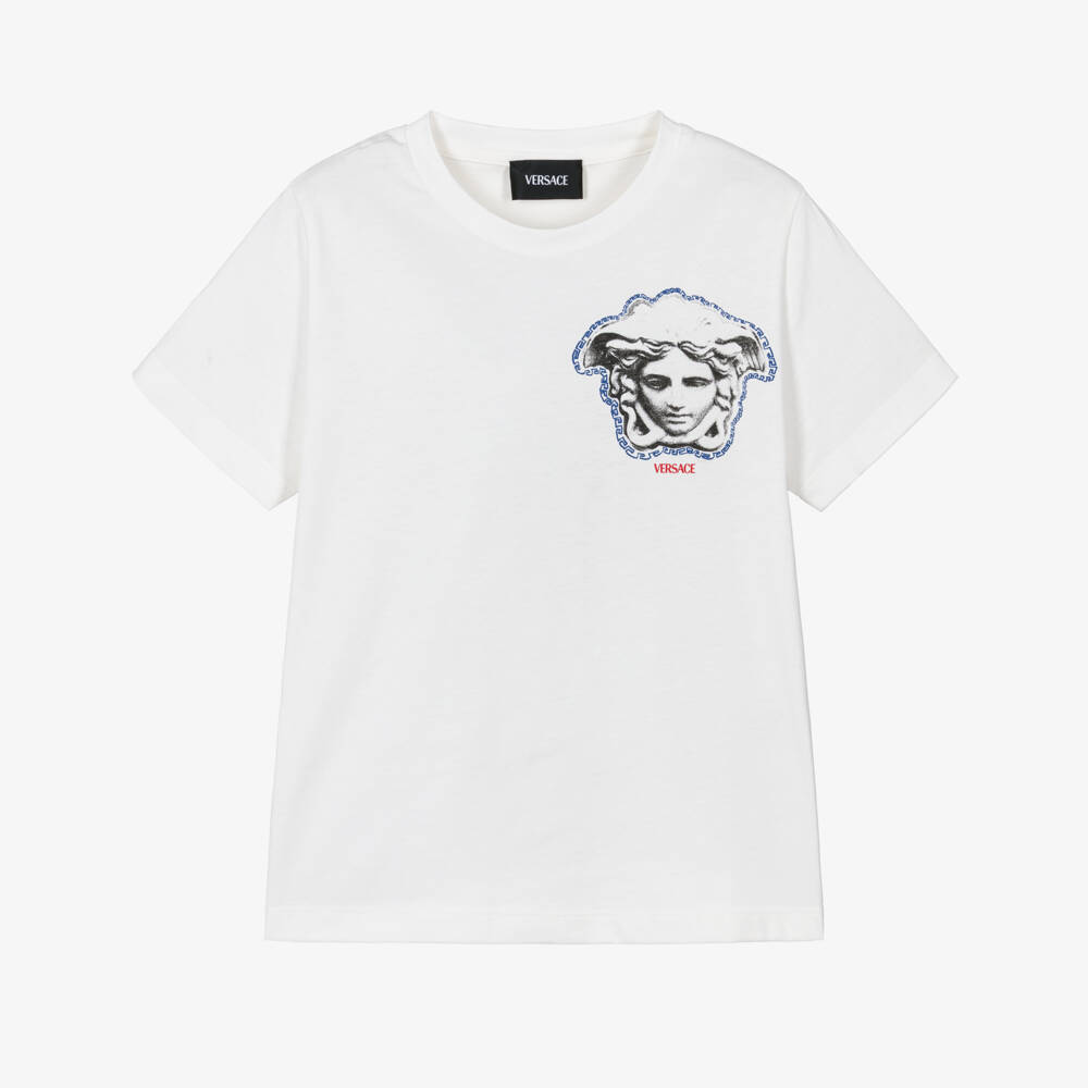 Versace-Boys White Cotton Jersey T-Shirt with Medusa Logo | Childrensalon