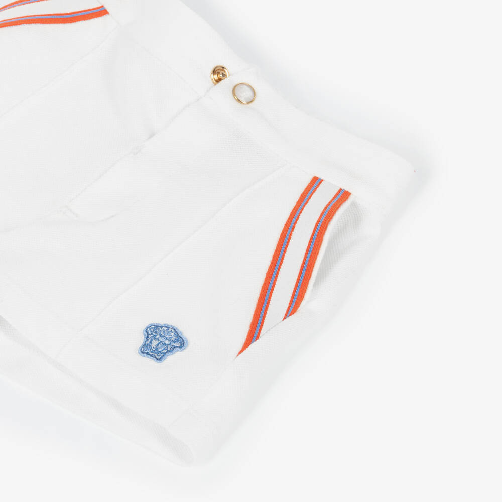 Versace-Boys White Cotton Piqué Medusa Logo Shorts with Red Trim | Childrensalon