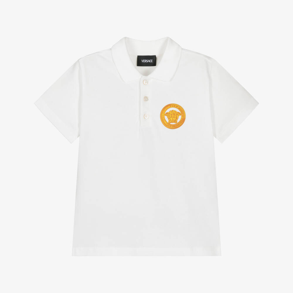Versace-Boys White Cotton Piqué Polo Shirt with Gold Medusa Logo | Childrensalon