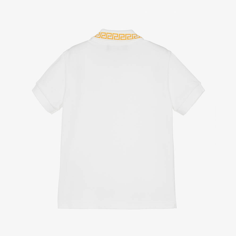 Versace-Boys White Cotton Piqué Polo Shirt with Greca & Medusa Logos | Childrensalon