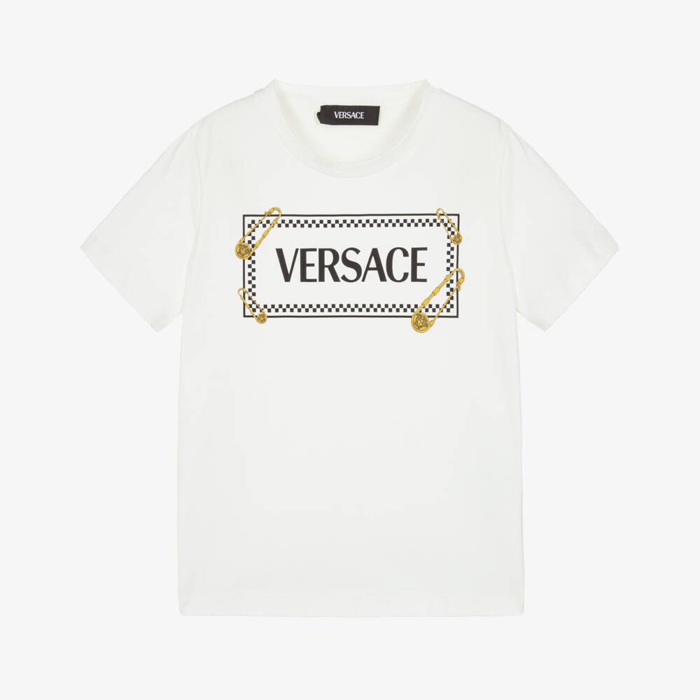 Versace-Футболка белая хлопковая с логотипом-булавкой для мальчиков | Childrensalon