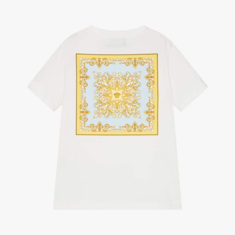 Versace-Boys White Cotton T-Shirt with Blue Barocco Print | Childrensalon