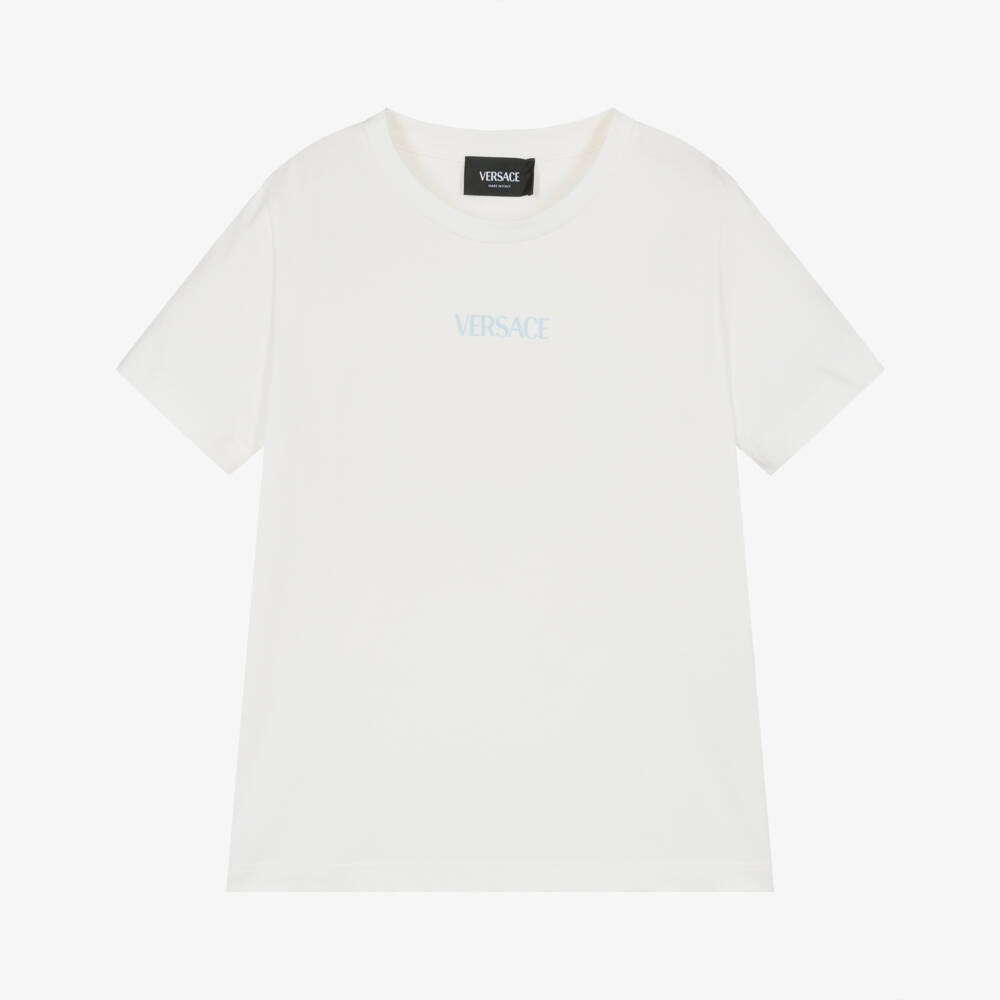 Versace-Boys White Cotton T-Shirt with Blue Barocco Print | Childrensalon