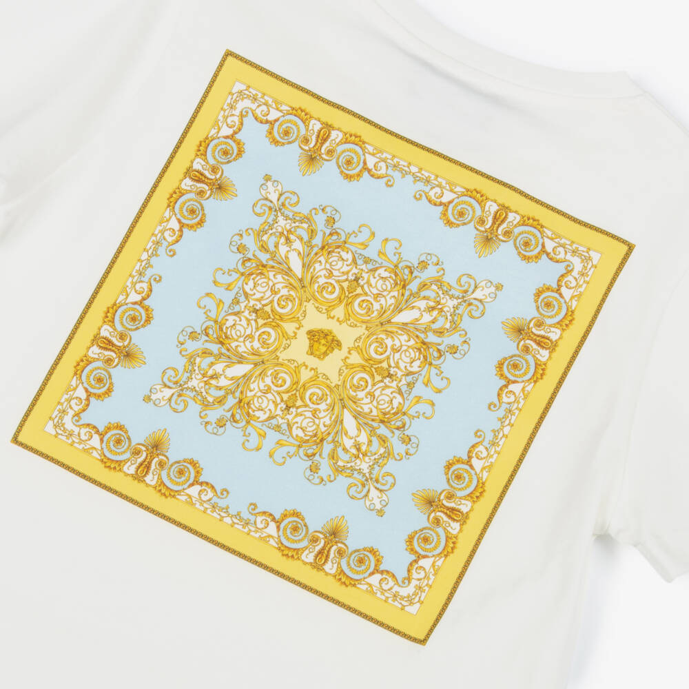 Versace-Boys White Cotton T-Shirt with Blue Barocco Print | Childrensalon
