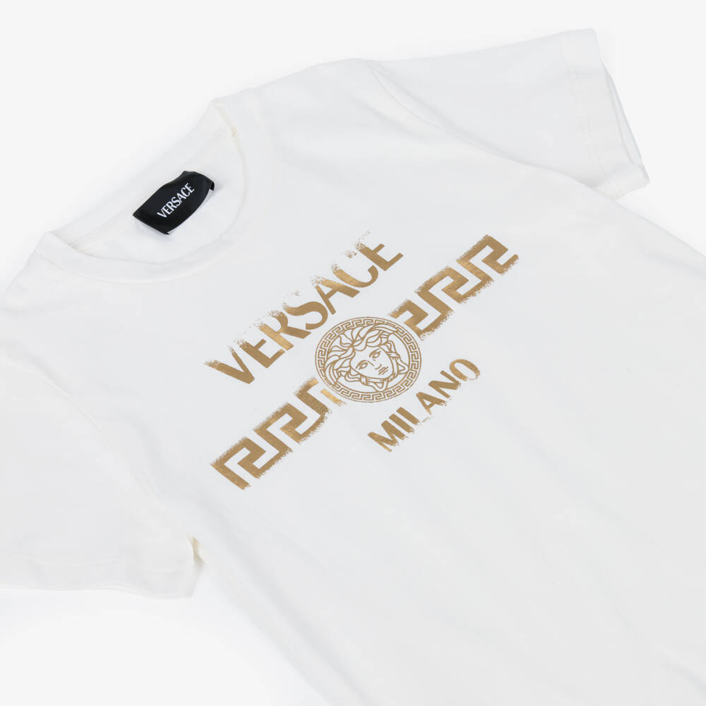 Versace-Boys White Cotton T-Shirt with Gold Foil Logo Print | Childrensalon