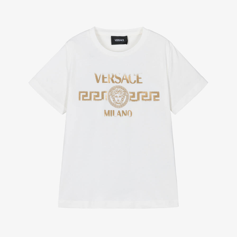 Versace-Boys White Cotton T-Shirt with Gold Foil Logo Print | Childrensalon