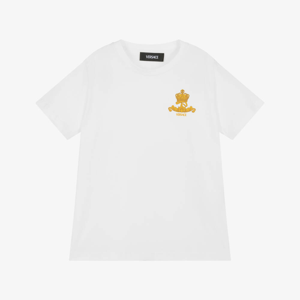 Versace-Boys White Cotton T-Shirt with Logo Crest | Childrensalon