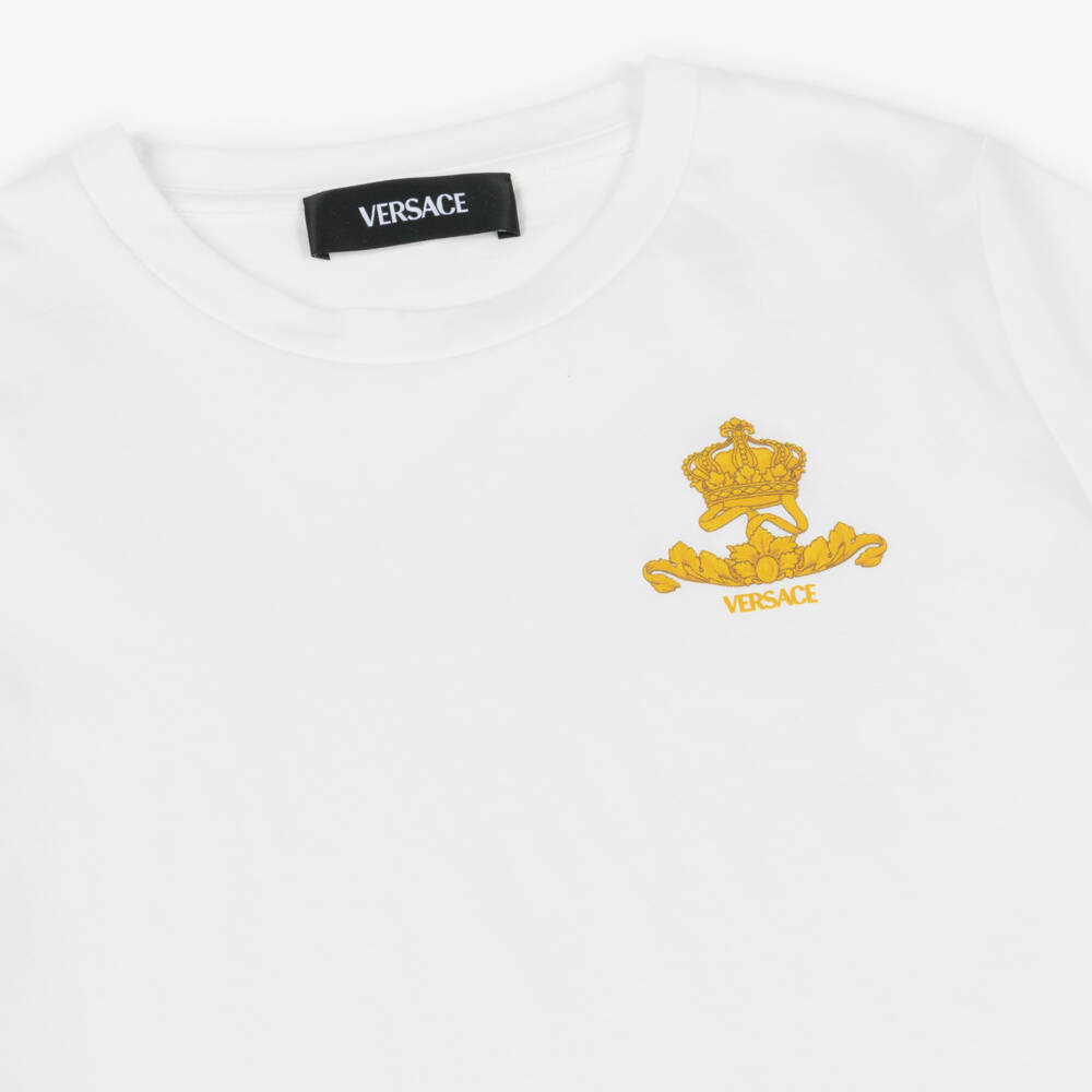 Versace-Boys White Cotton T-Shirt with Logo Crest | Childrensalon