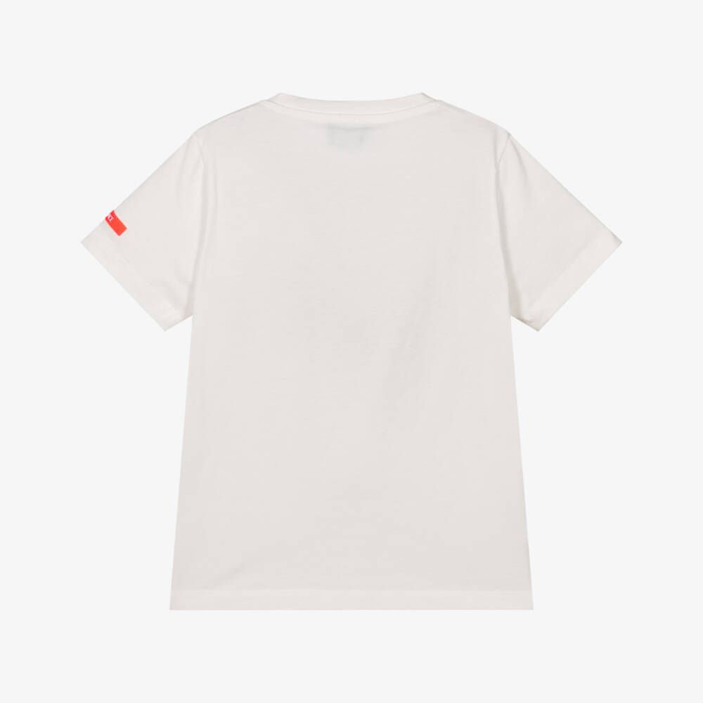Versace-Boys White Cotton T-Shirt with Neon Orange Medusa Logo | Childrensalon