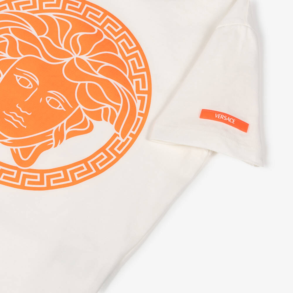 Versace-Boys White Cotton T-Shirt with Neon Orange Medusa Logo | Childrensalon
