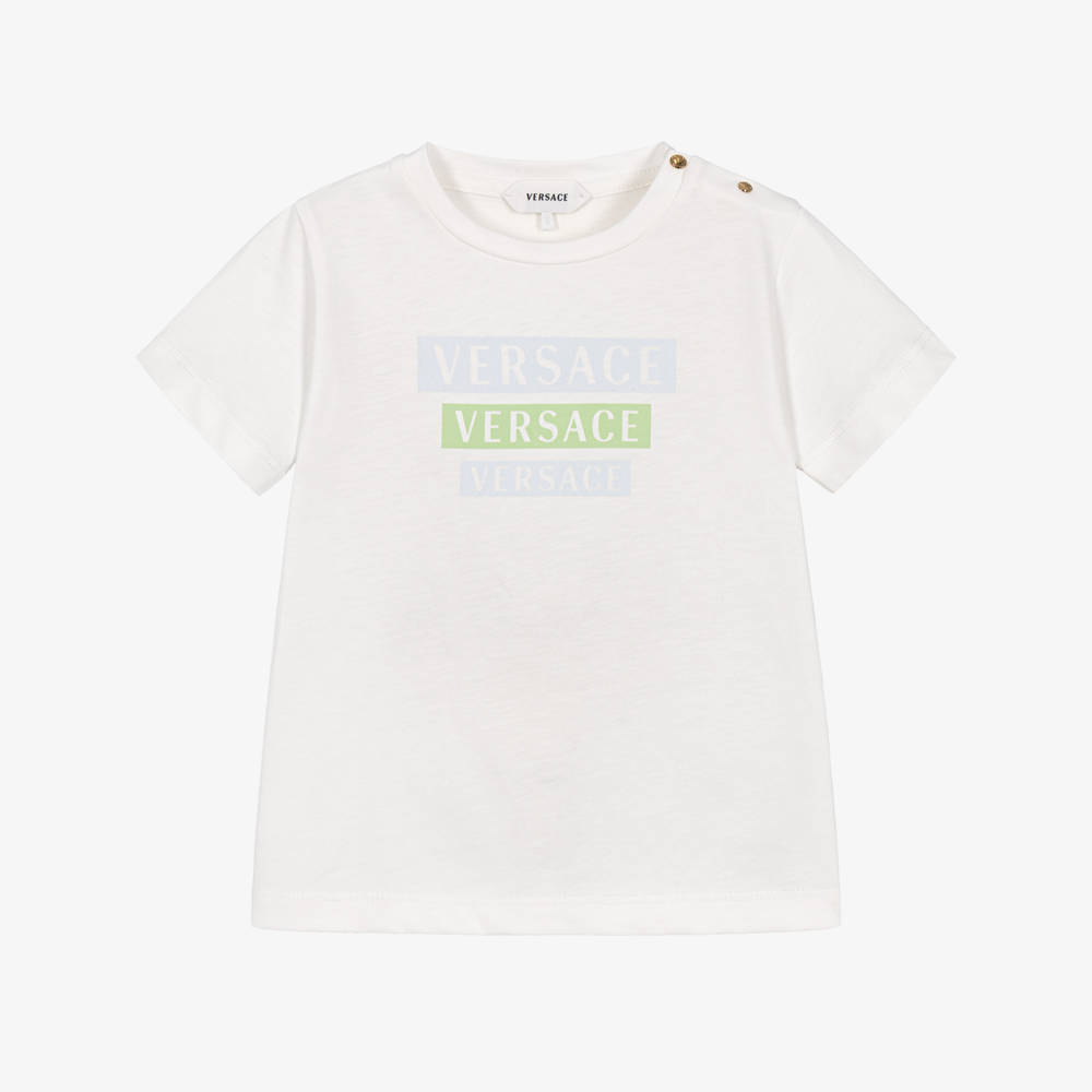Versace-Boys White Cotton Triple Logo T-Shirt | Childrensalon