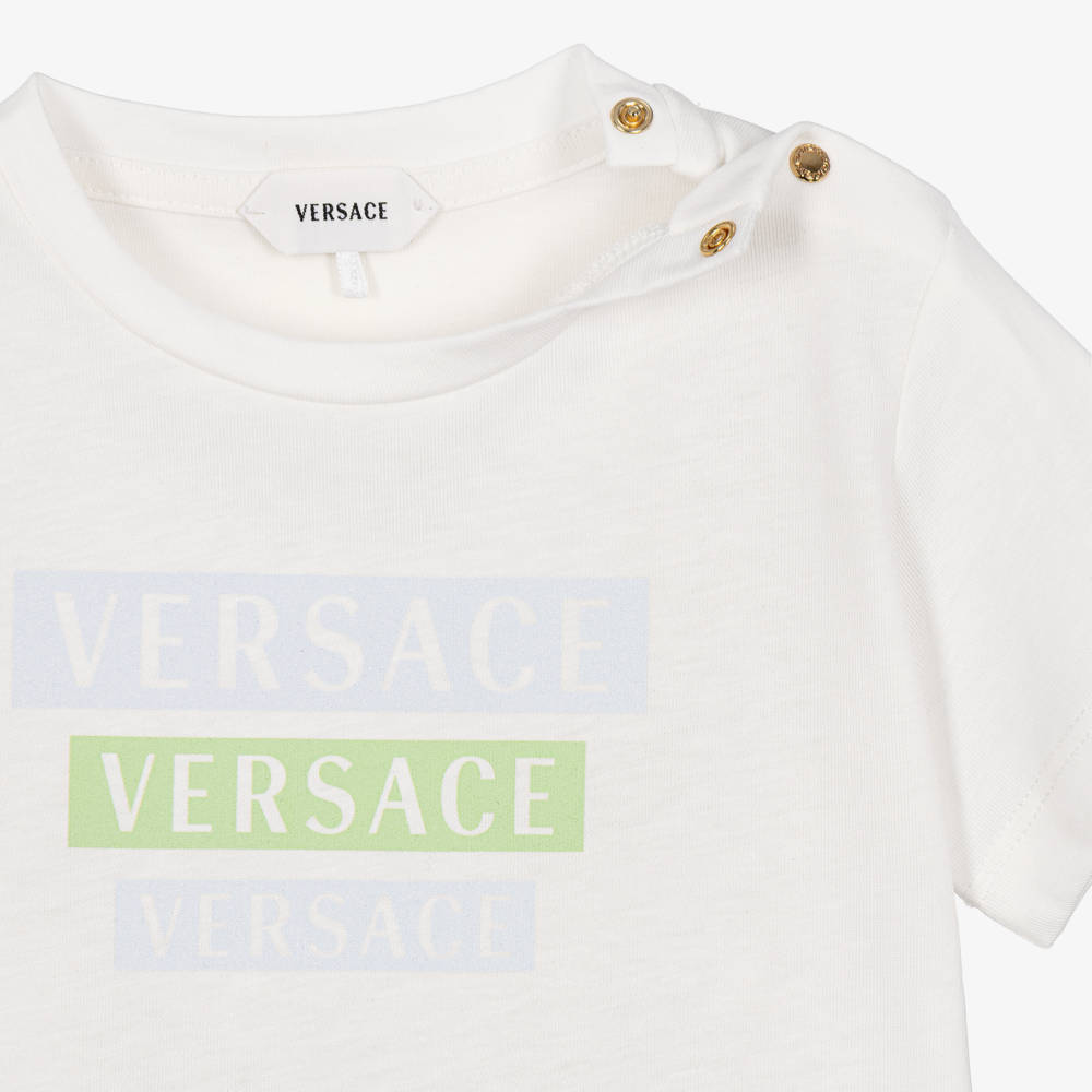 Versace-Boys White Cotton Triple Logo T-Shirt | Childrensalon