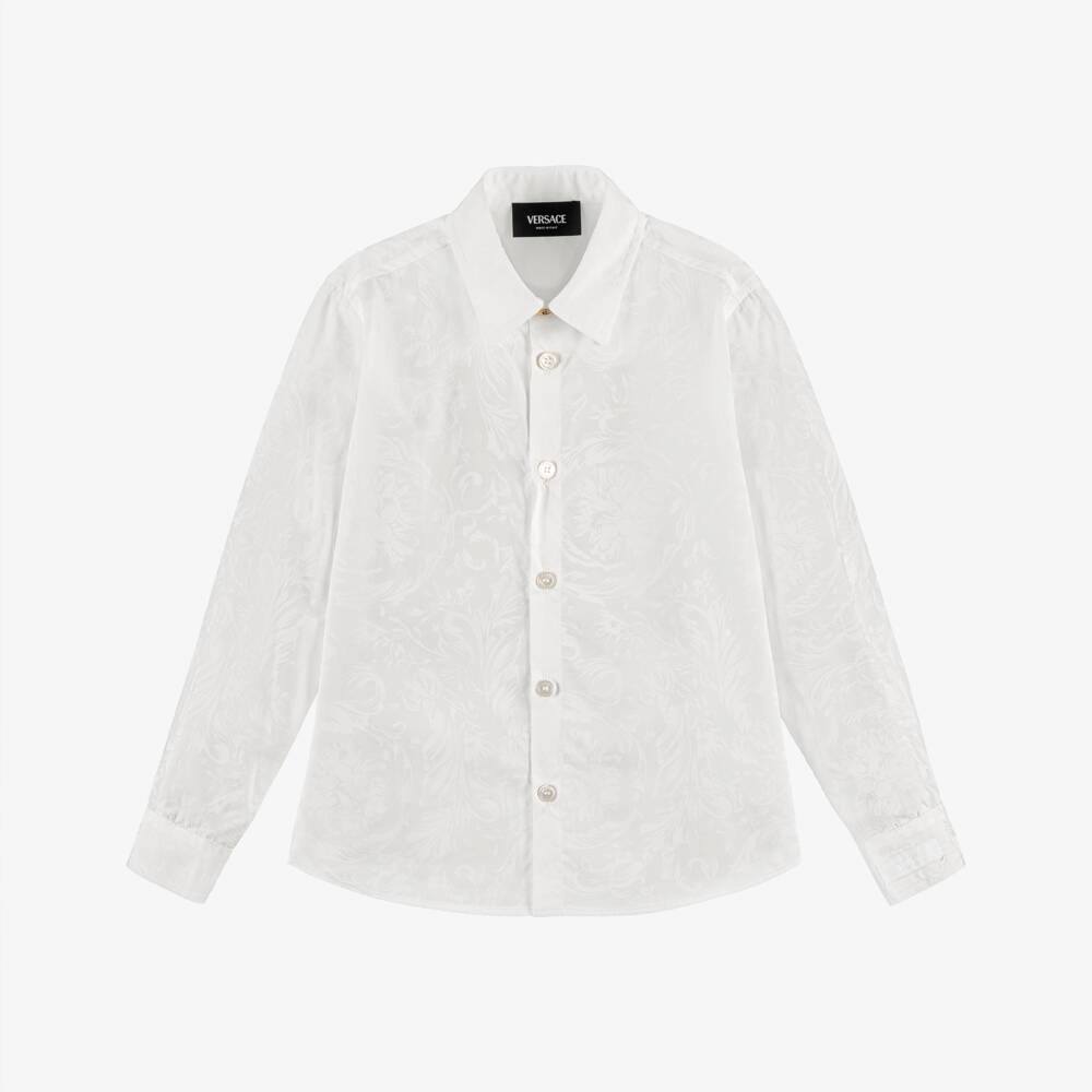 Versace-قميص قطن بطبعة باروكو لون أبيض للأولاد | Childrensalon