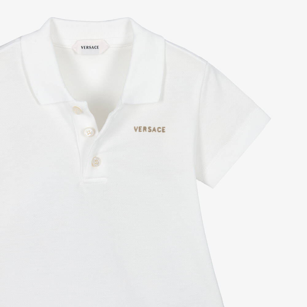 Versace-Boys White Embroidered Cotton Piqué Polo Shirt | Childrensalon