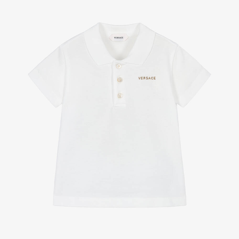 Versace-Boys White Embroidered Cotton Piqué Polo Shirt | Childrensalon